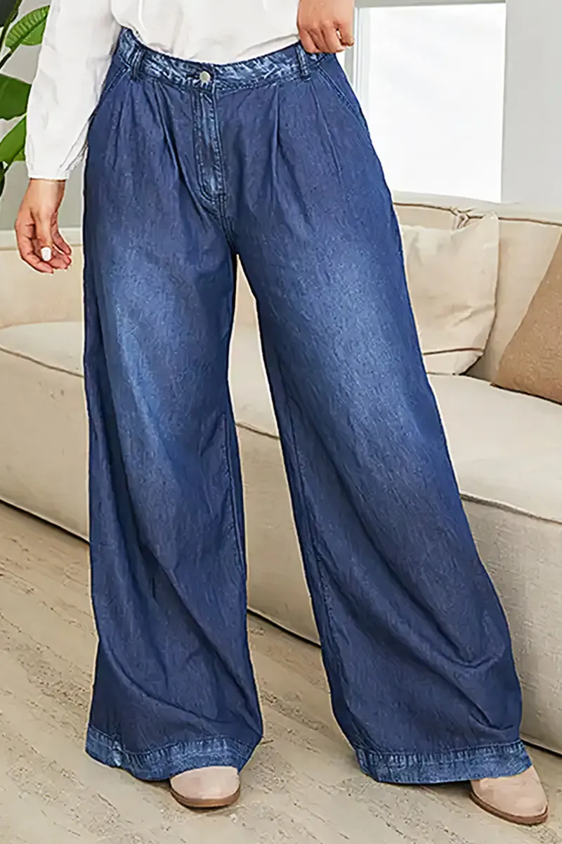 Wash Pleated Detail Wide Leg Mid Rise Jeans