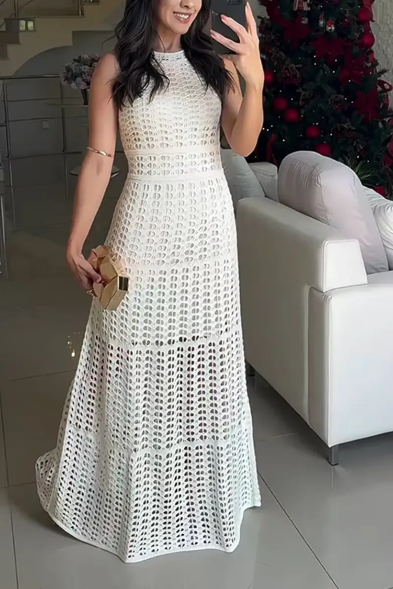 Women's Elegant Halter Neck Hollow Knitted Resort Dress