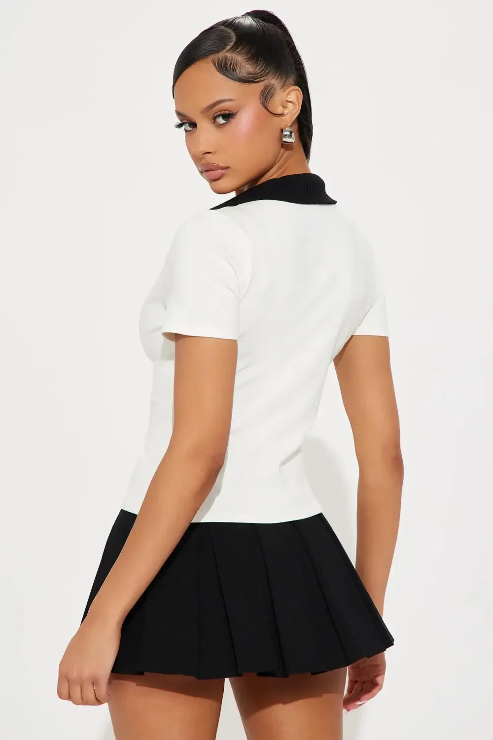 Lydia Ribbed Polo Top - White/Black