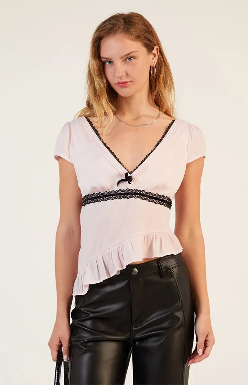LA Hearts Lace Trim Asymmetrical Top