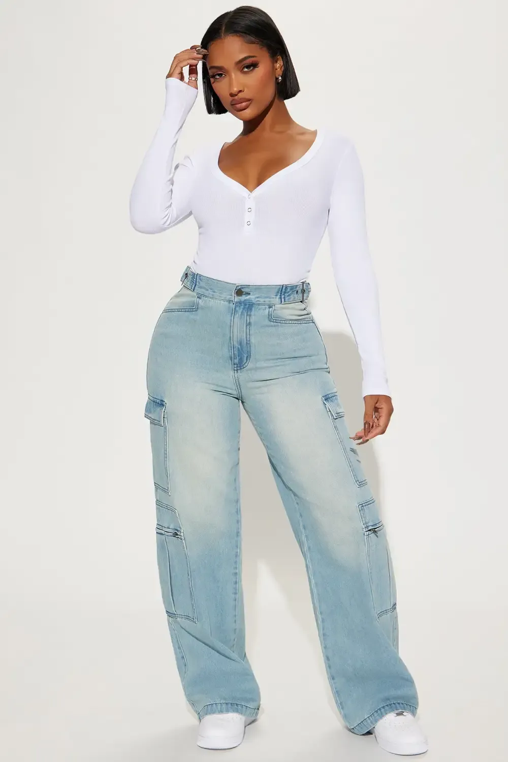 Just Once Tinted Baggy Cargo Jeans - Light Wash
