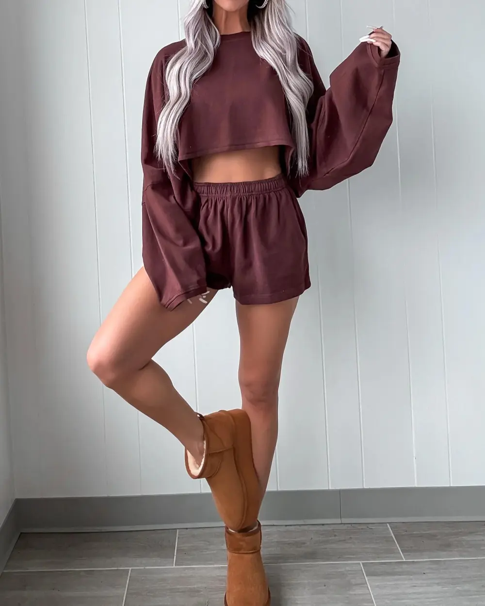 Cropped Short Set - Brown