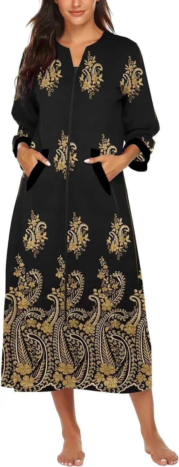 Women Zipper Robe 3/4 Sleeves Loungewear Dress Full Length Sleepwear Pockets Housecoat Nightgown Long Bathrobe