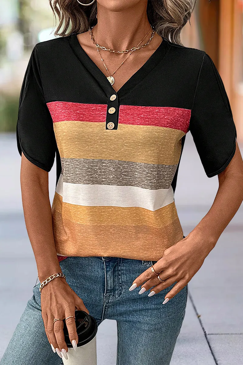 Colorblock Button Front Hollow Out Short Sleeve V Neck T-Shirt