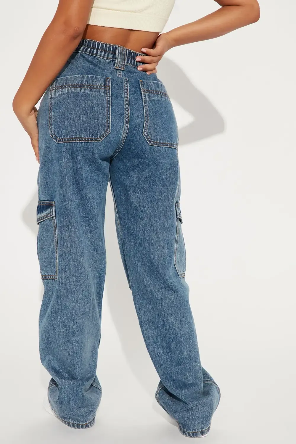 Petite Don't You Worry Wide Leg Cargo Jeans - Medium Blue Wash