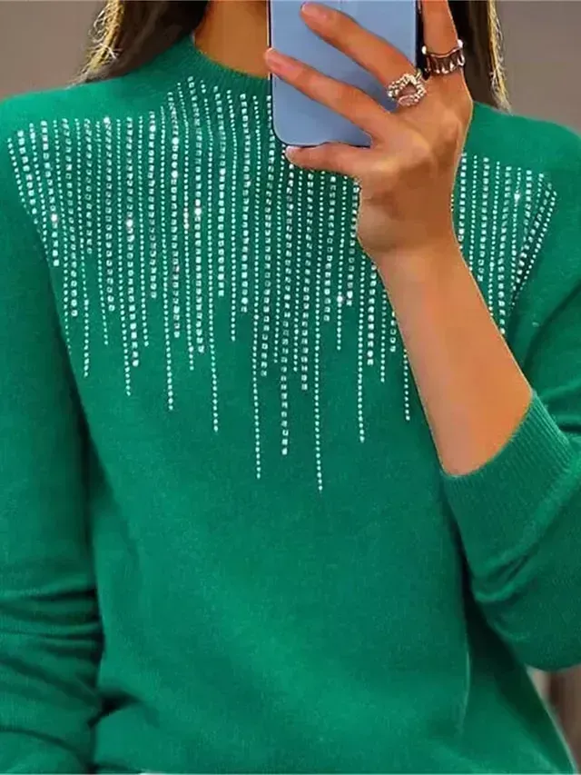 Women‘s Christmas Pullover Sweater Jumper Crew Neck Ribbed Knit Acrylic Sequins Fall Winter Regular Outdoor Daily Going out Xmas Stylish Casual Long Sleeve Solid Color Black White Light Green S M L