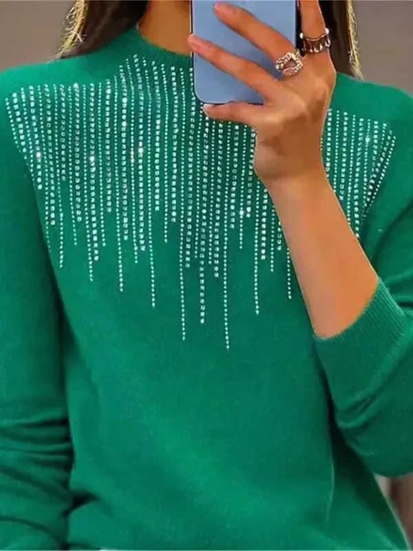 Women‘s Christmas Pullover Sweater Jumper Crew Neck Ribbed Knit Acrylic Sequins Fall Winter Regular Outdoor Daily Going out Xmas Stylish Casual Long Sleeve Solid Color Black White Light Green S M L