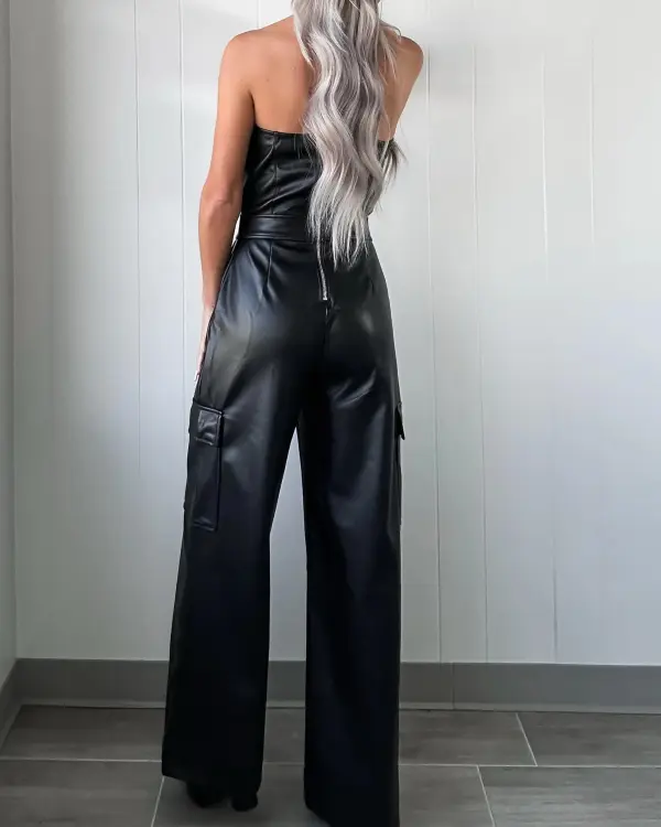 Faux Leather Jumpsuit - Black