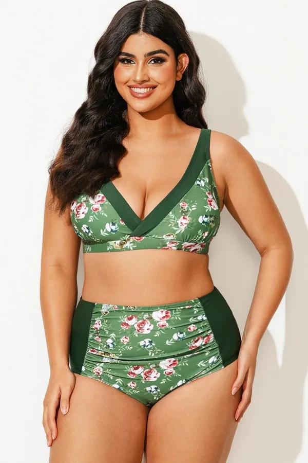 Army Green Flower Printed Women V-neck Fashionable Bikini Top