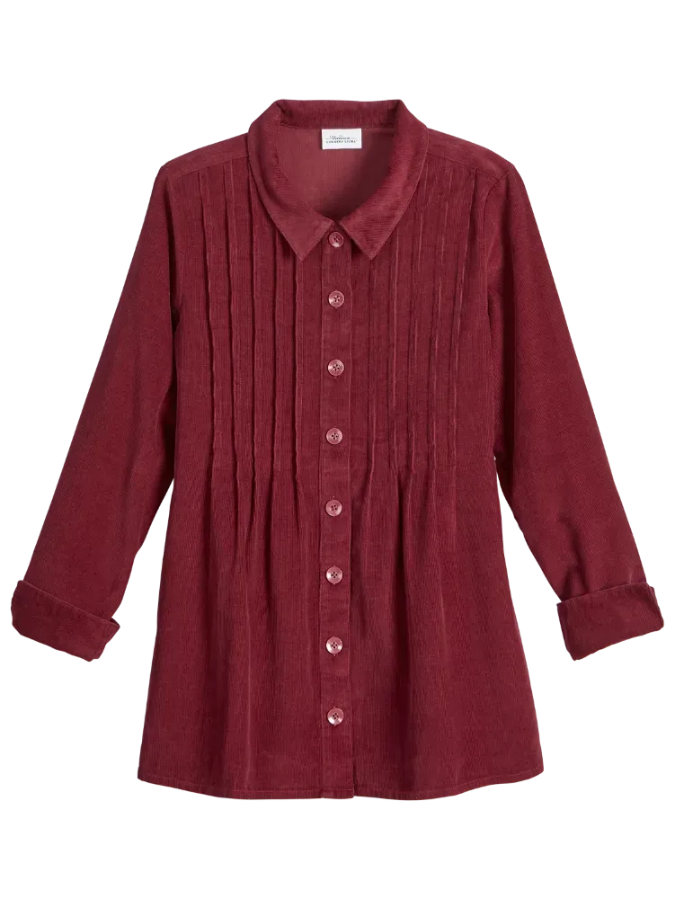 Women's Pintucked Floral Corduroy Tunic Top