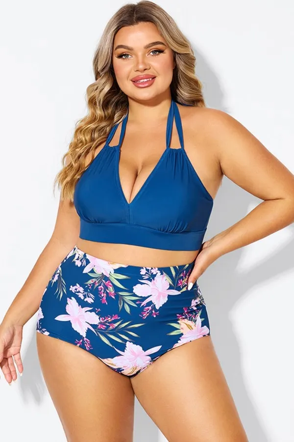 Black and Purple Printed Halter Sexy Bikini Set