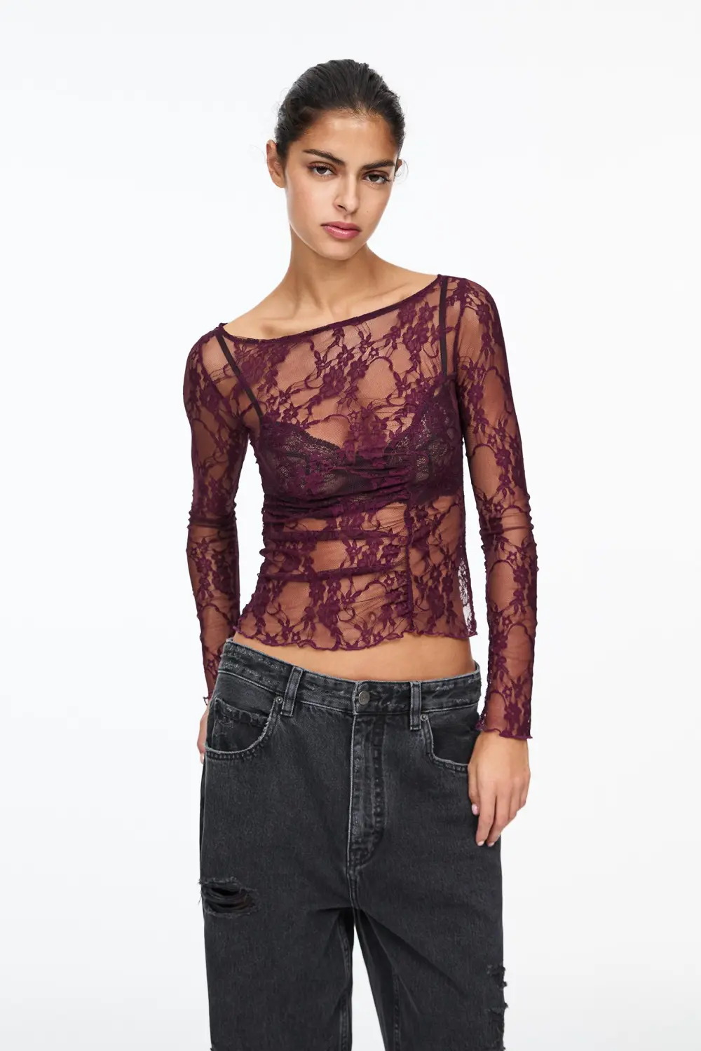 Lace top with gathered detail