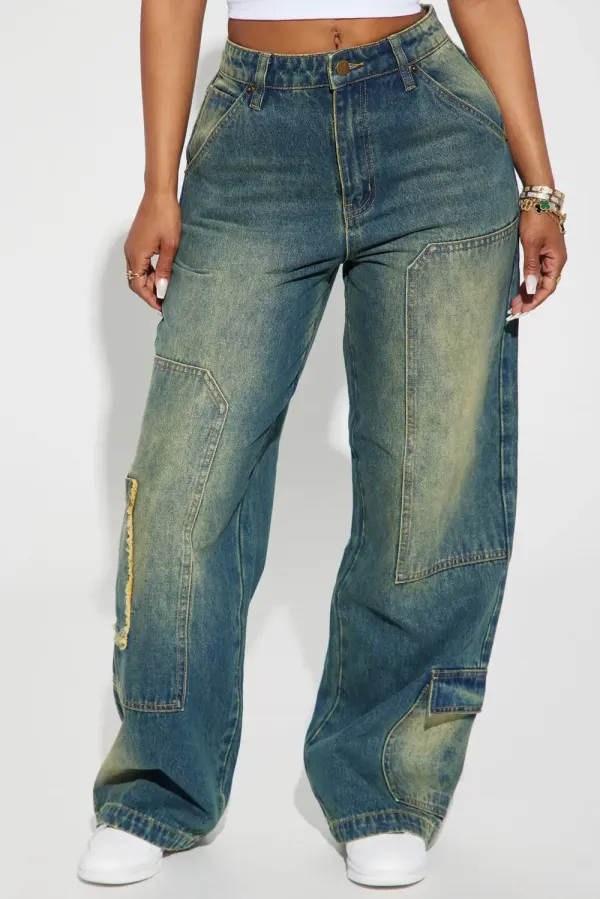 Wherever Whenever Non Stretch Tinted Wide Leg Cargo Jean - Dark Wash