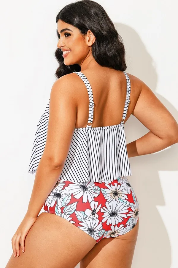 Striped Scoop Neck Ruched Flounce Blouson Tankini Top