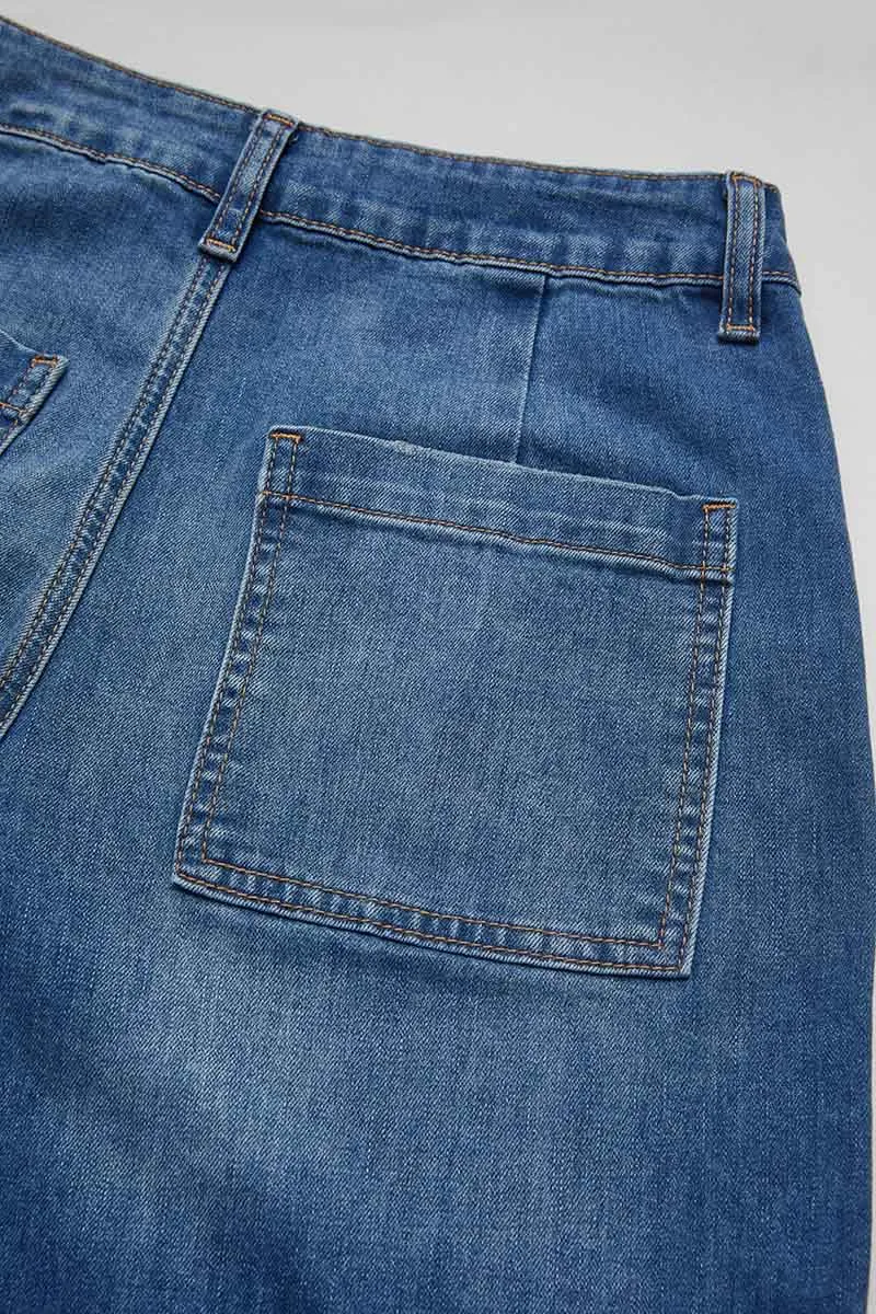 Wash Stitch Detail Raw Hem Wide Leg Mid Rise Jeans