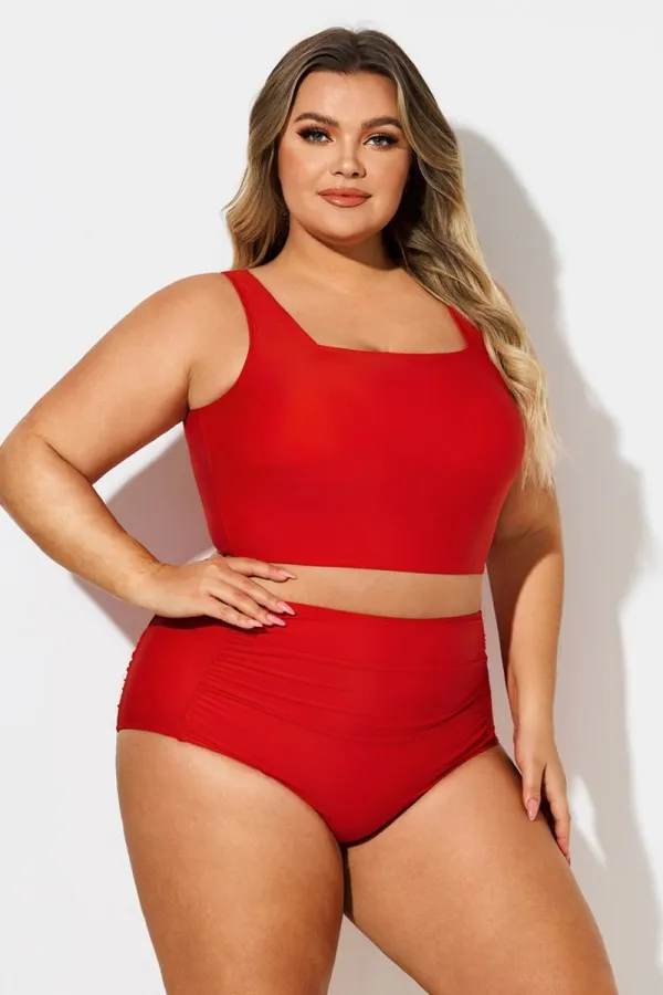 Plus Size Red Solid Square Neck Bikini Top