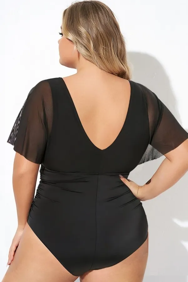 Black Wireless Mesh Flutter Sleeve One Piece Swimsuit