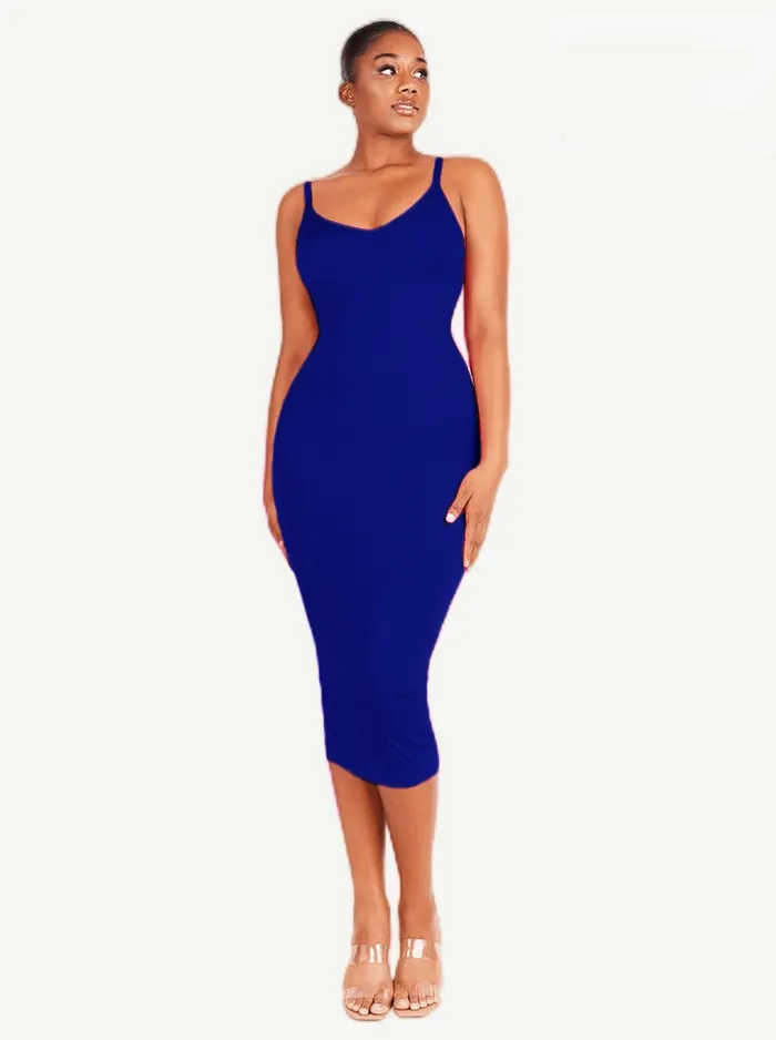 Seamless Spaghetti Strap V Neck Maxi Dress with Built-in Bodycon