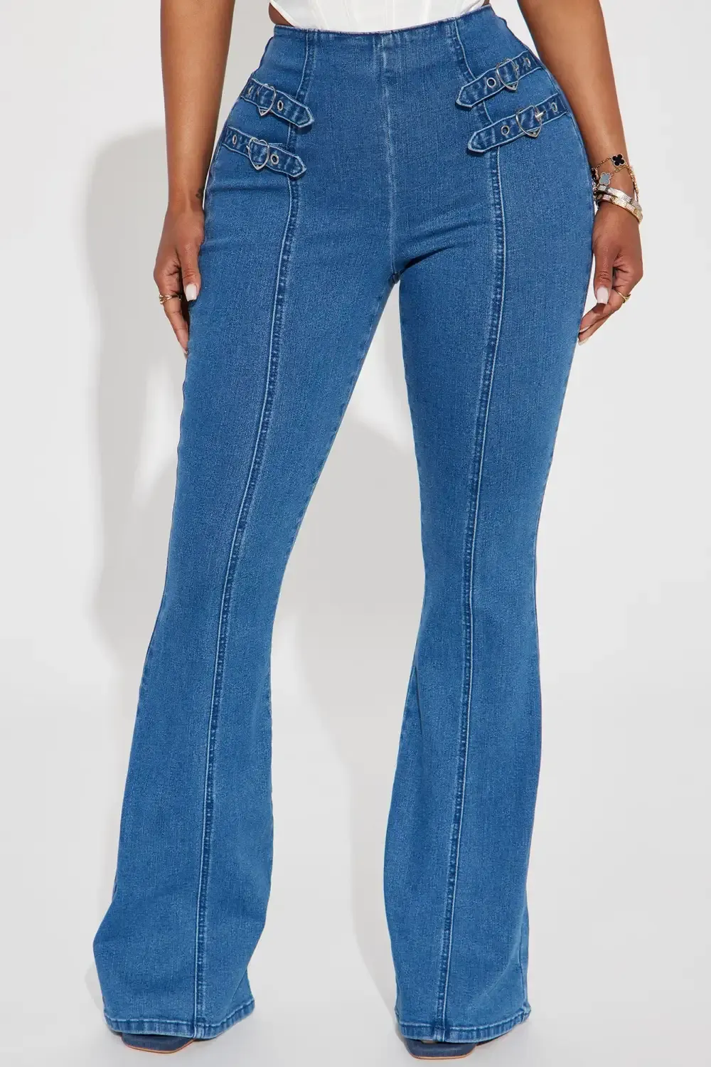 Blinding Love Buckle Stretch Flare Jeans - Medium Wash