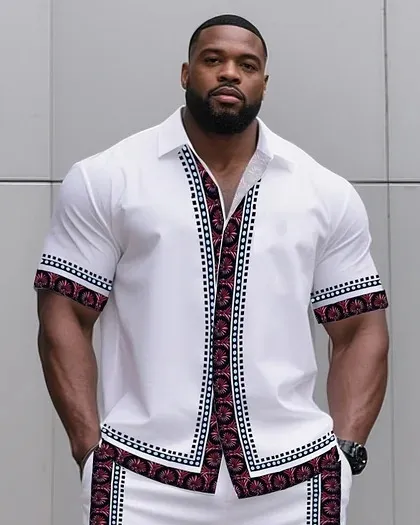 Big & Tall Men'S Daily Leisure. Shirt Side Retro Versatile Print Shirt Shorts Suit