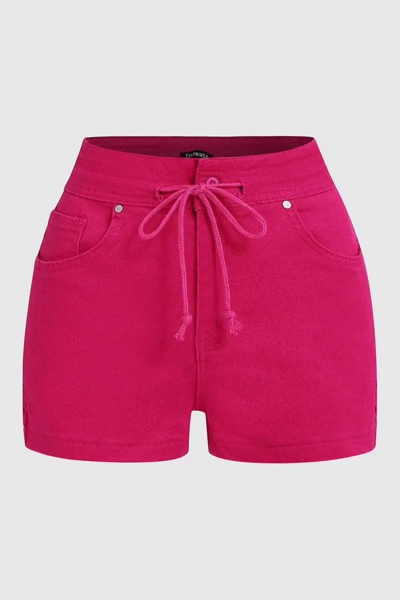 Solid Drawstring Mid Waist Stretchy Denim Shorts