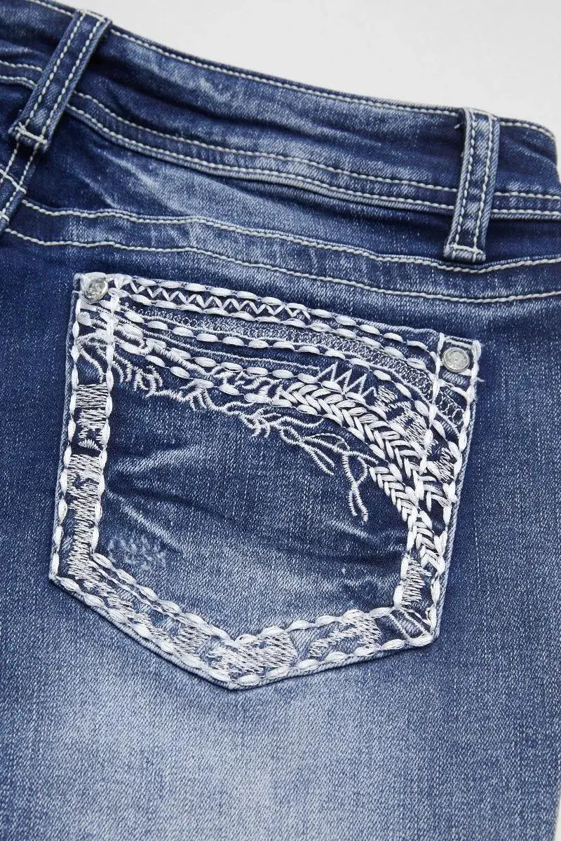 Embroidery Roll Hem Wash High Stretch Low Rise Capri Jeans