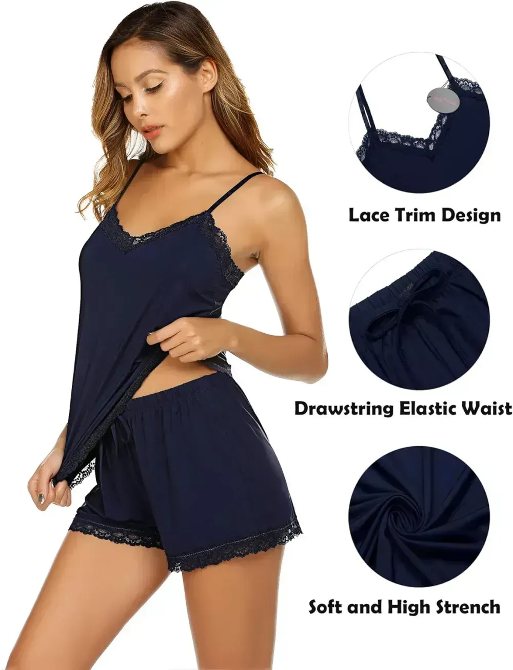 Women Cami Pajama Set Modal Sleepwear Lace Trim Short PJ Set with Shorts