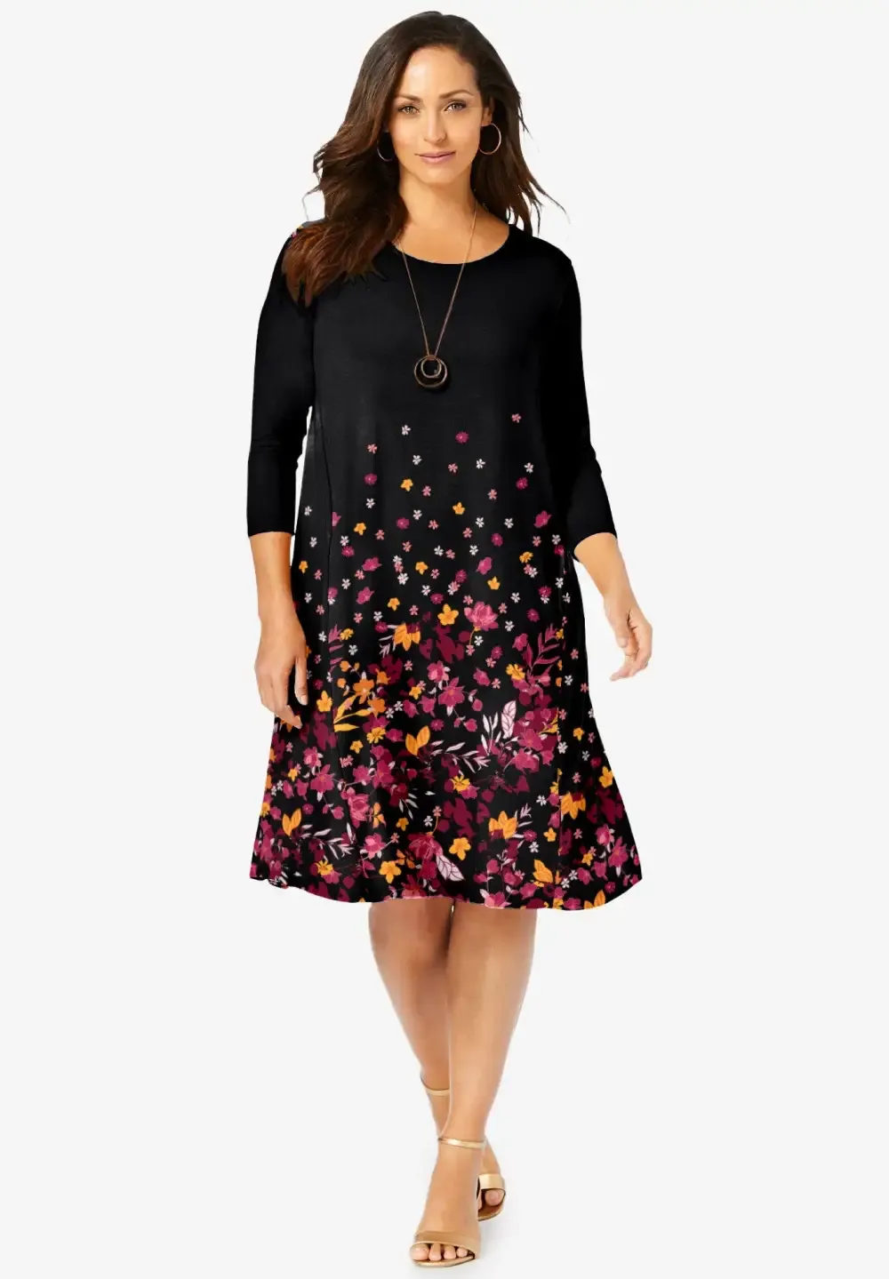Stretch Knit Three-Quarter Sleeve T-shirt Dress