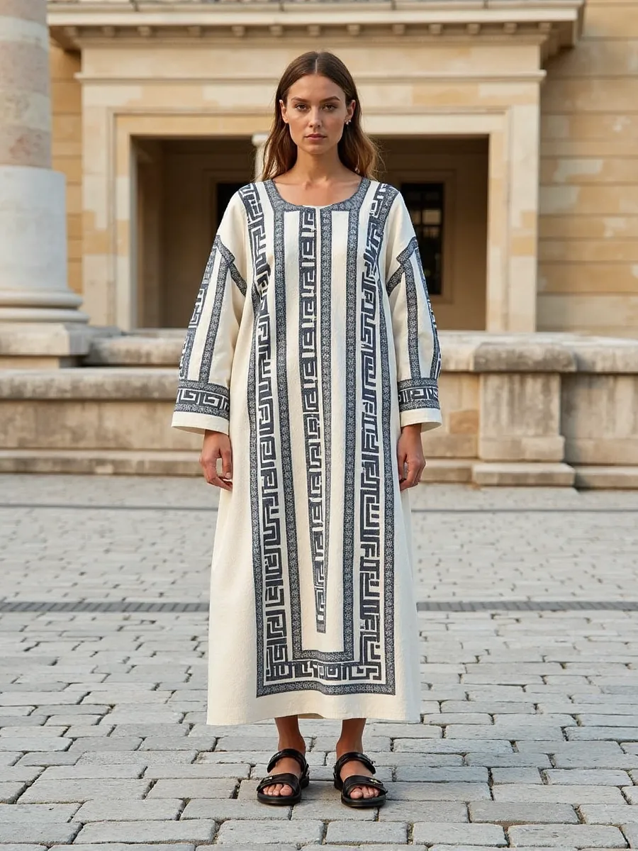 Vintage Greek Key Crew Neck Linen Mixi Dress