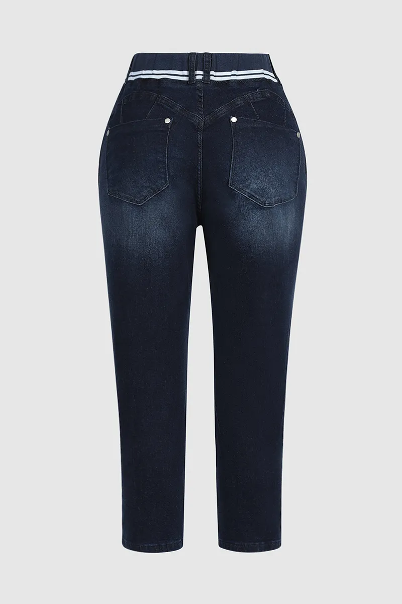 Wash Contrast Binding Double Button Drawstring Mid Waist Capri Jeans