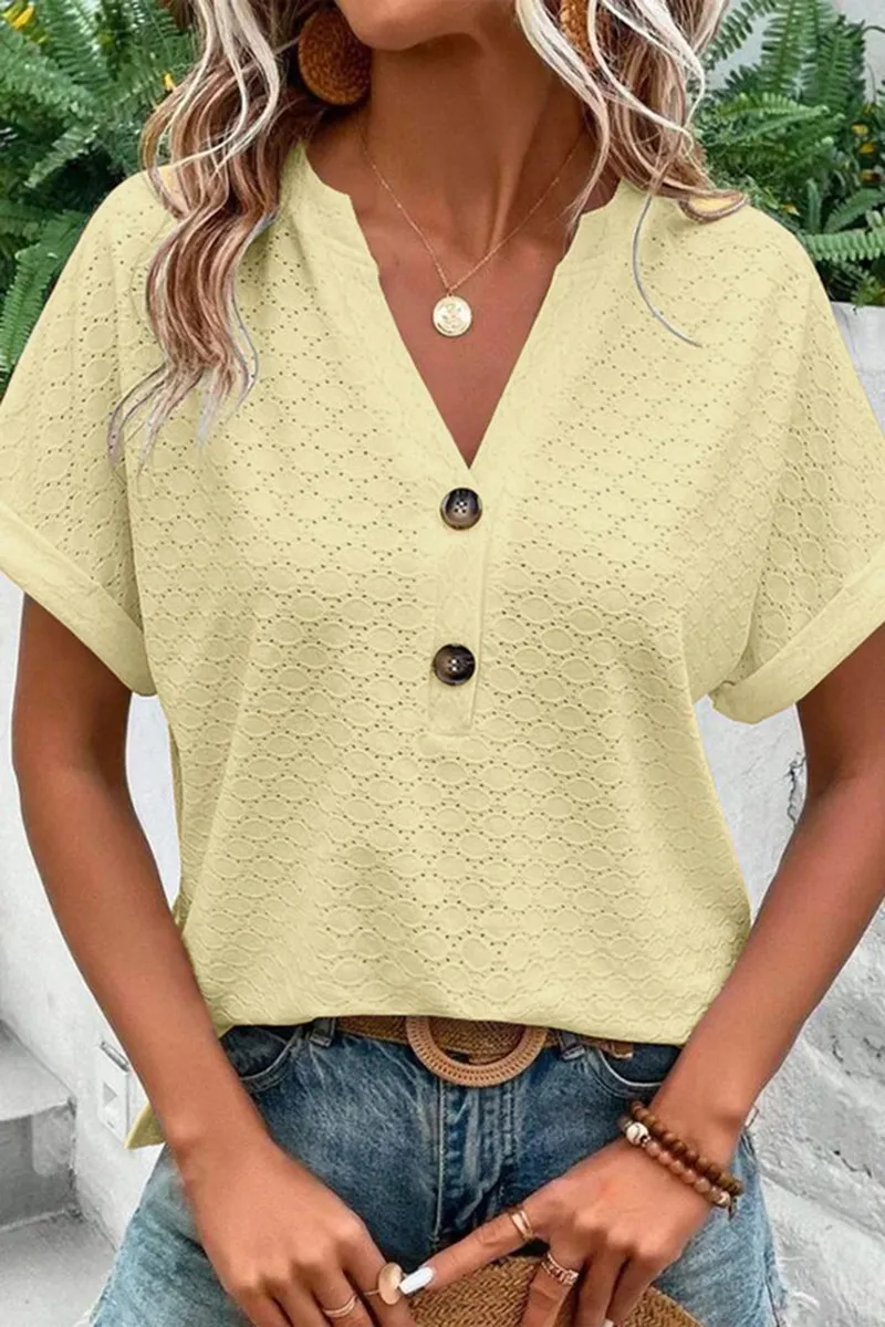 Solid Hollow Out Button Decor V Neck T-Shirt