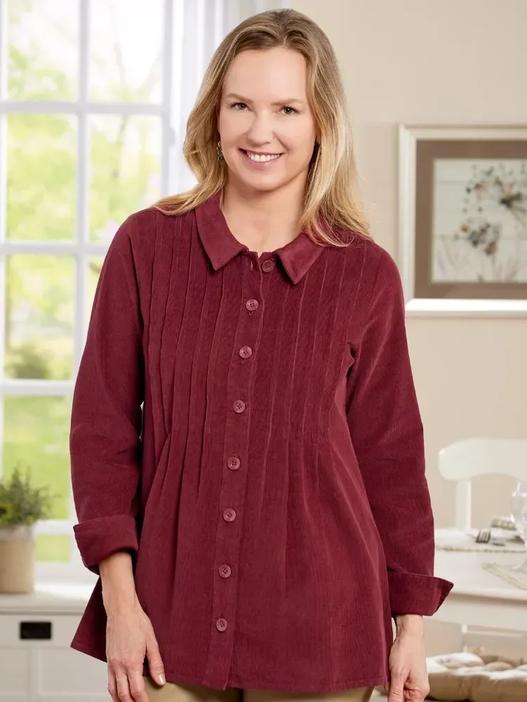 Women's Pintucked Floral Corduroy Tunic Top