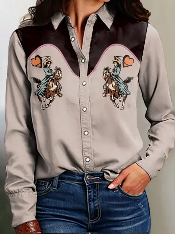 Women's Casual Loose Fit Western Style Horse Print Shirt