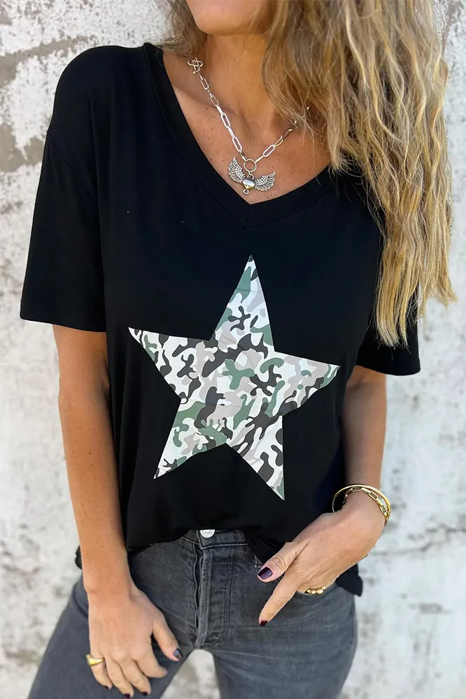 Women's camouflage pentagram patter casual T-shirt