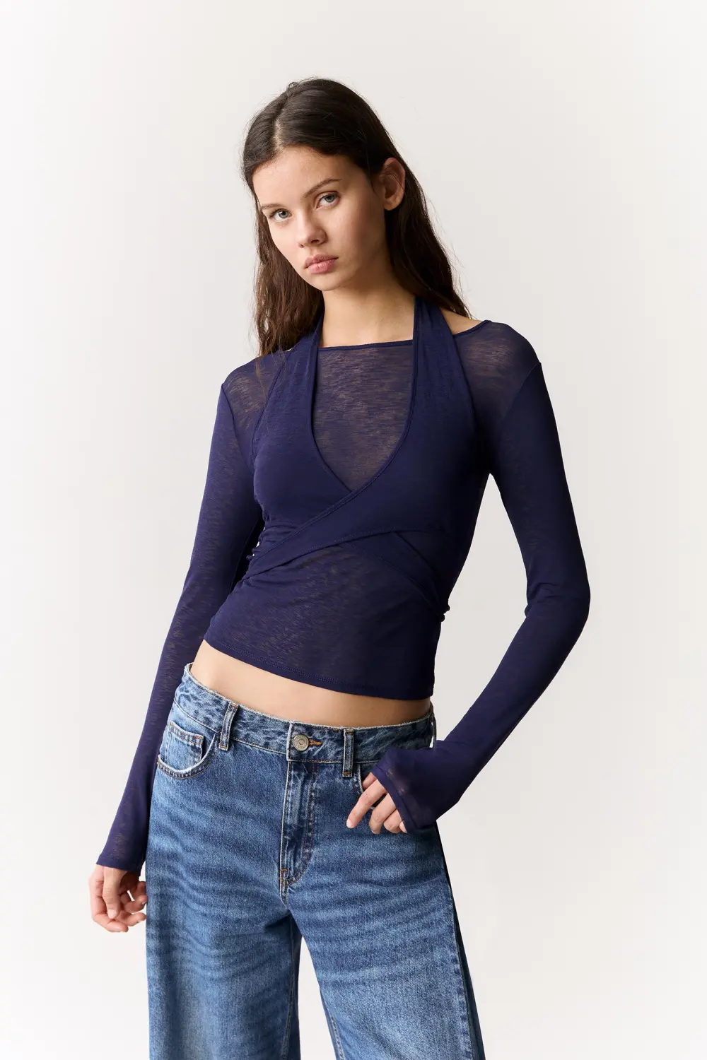 Double-layer top with crossover neckline