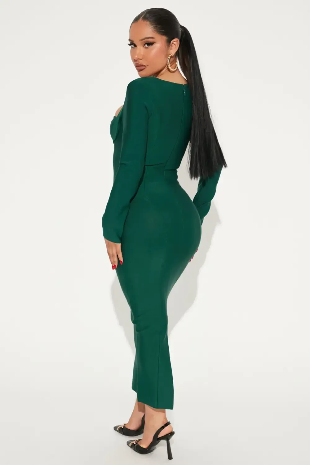 Always Good Long Sleeve Bandage Midi Dress - Hunter