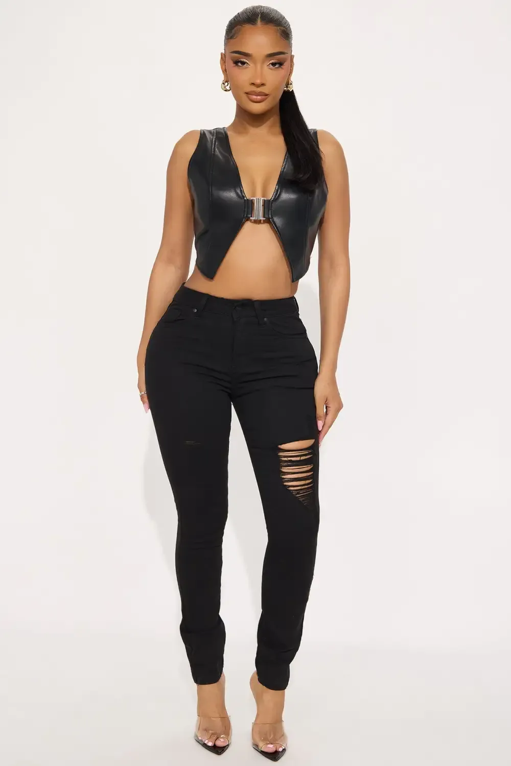 Into the Night Ripped High Rise Skinny Jeans  - Black