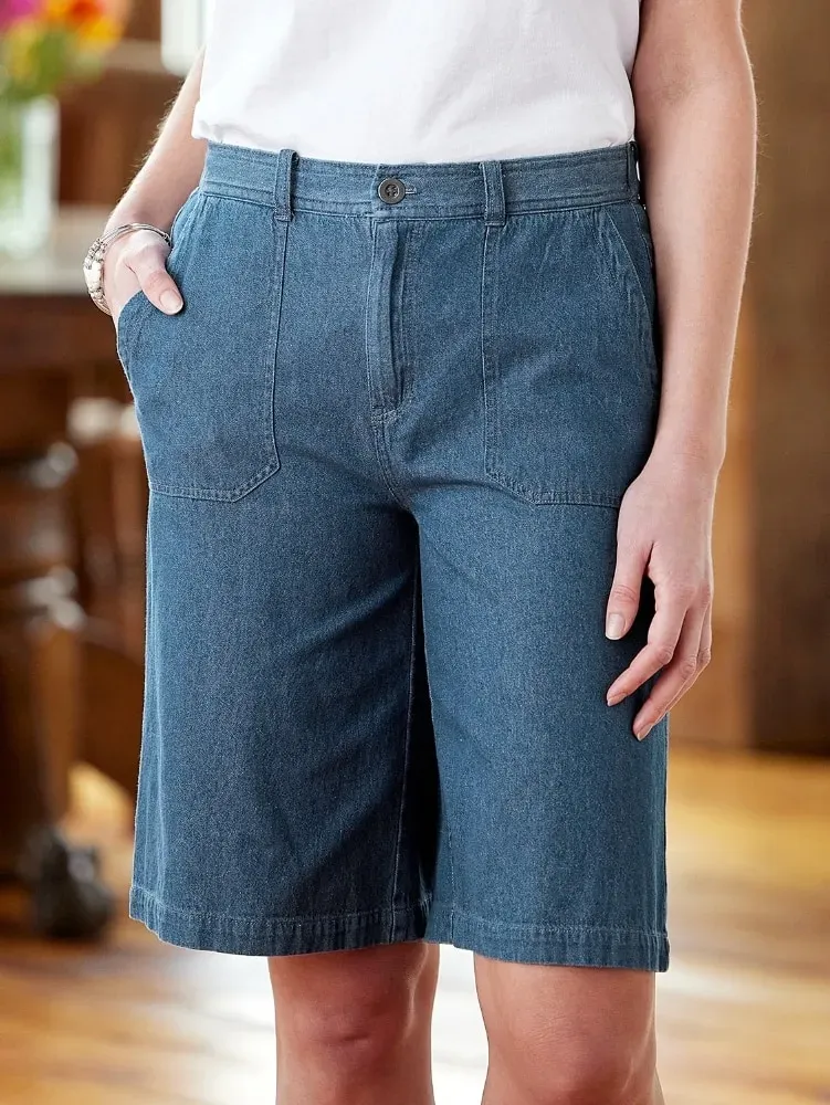 Women's Wide-Leg Cotton Denim Walking Shorts
