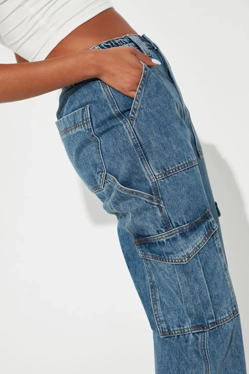 Tall Don't You Worry Wide Leg Cargo Jeans - Medium Blue Wash