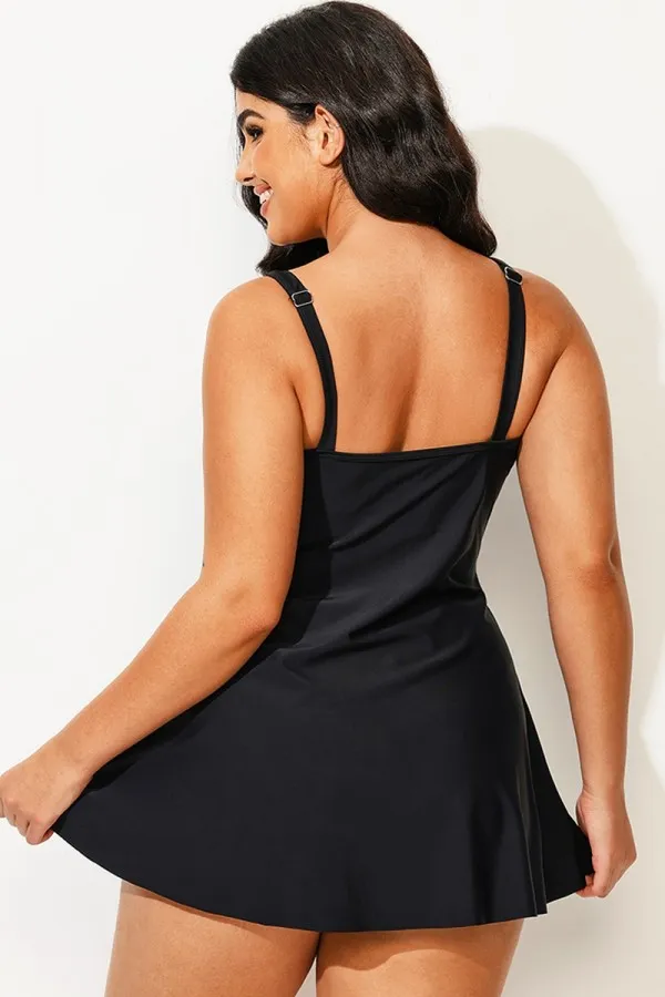 Plus Size V-Neck Black Mesh Panel Swimdress