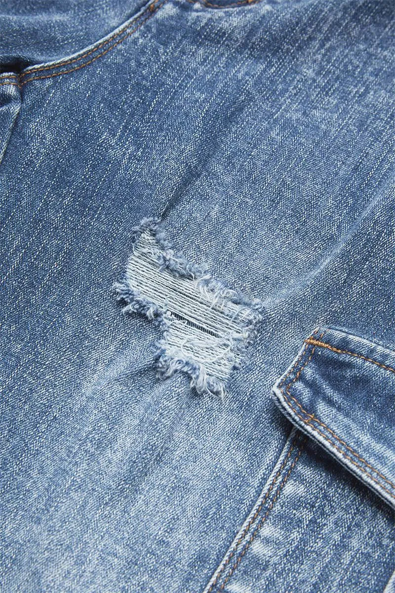 Wash Ripped Flap Pocket High Rise Cargo Jeans