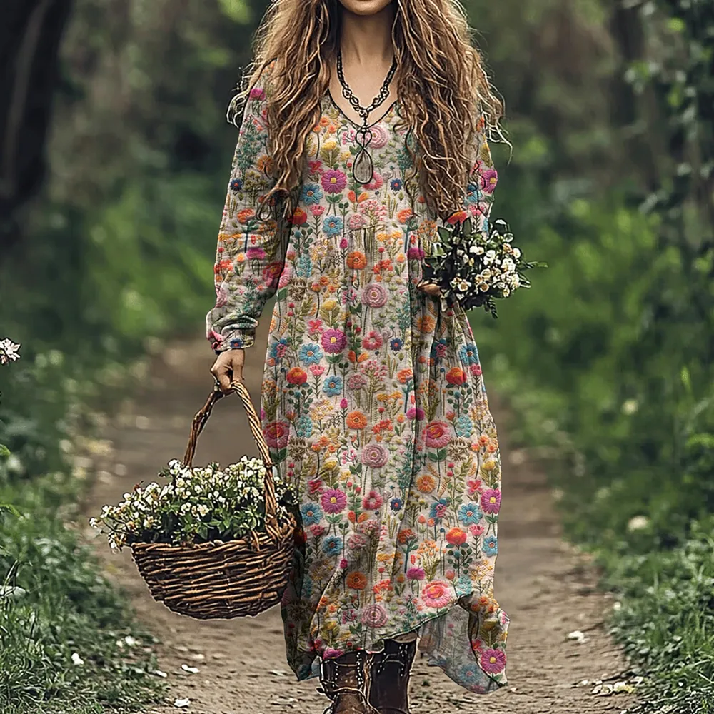 Women's Vintage Flowers Embroidered Linen Blend Maxi Dress