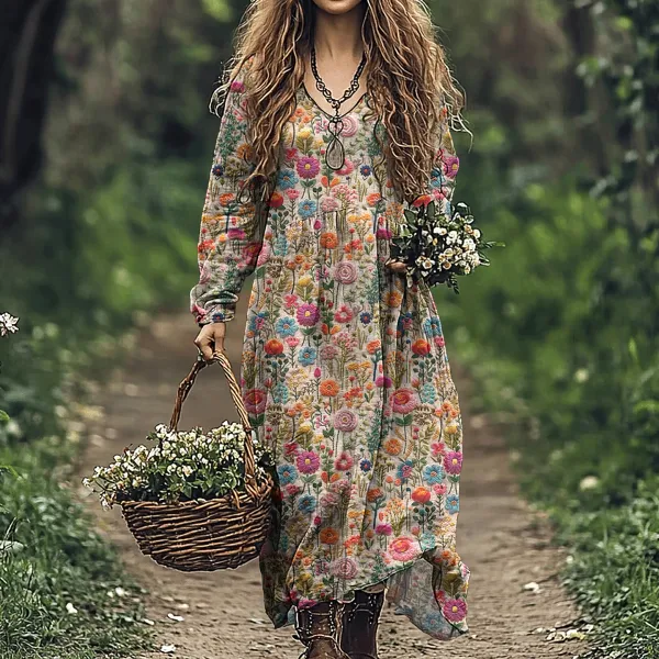 Women's Vintage Flowers Embroidered Linen Blend Maxi Dress