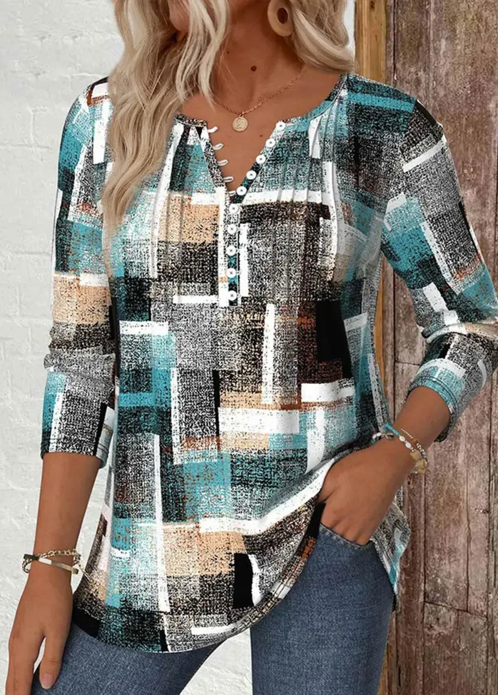 Multi Color Geometric Print Long Sleeve T Shirt