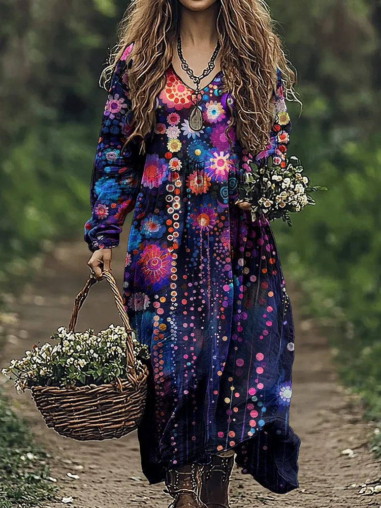 Vintage Women's Floral Art Linen V Neck Dress