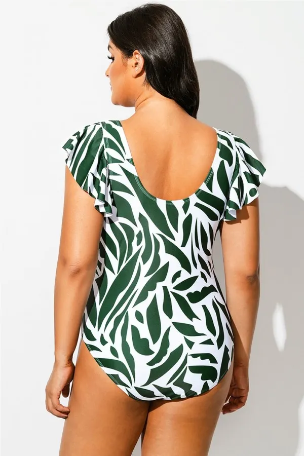 Plus Size Random Printed V-Neck One Piece Swimsuit