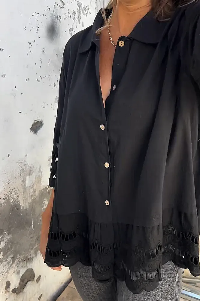 Women's solid color cotton and linen hollow out shirt