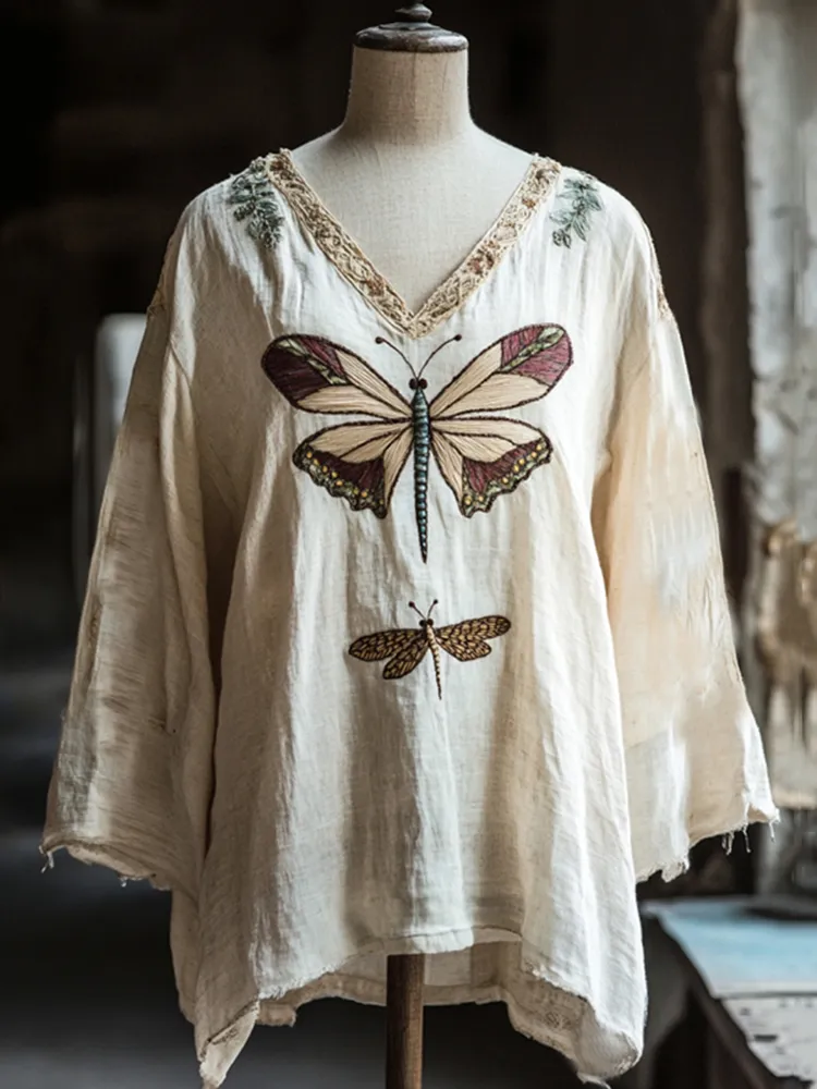 Women's Vintage Floral Dragonfly Embroidery Linen Art V-neck Shirt