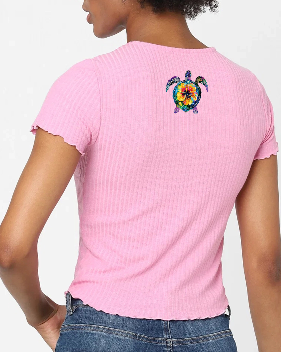 Pink Ribbed Turtle Print Cropped T-Shirt