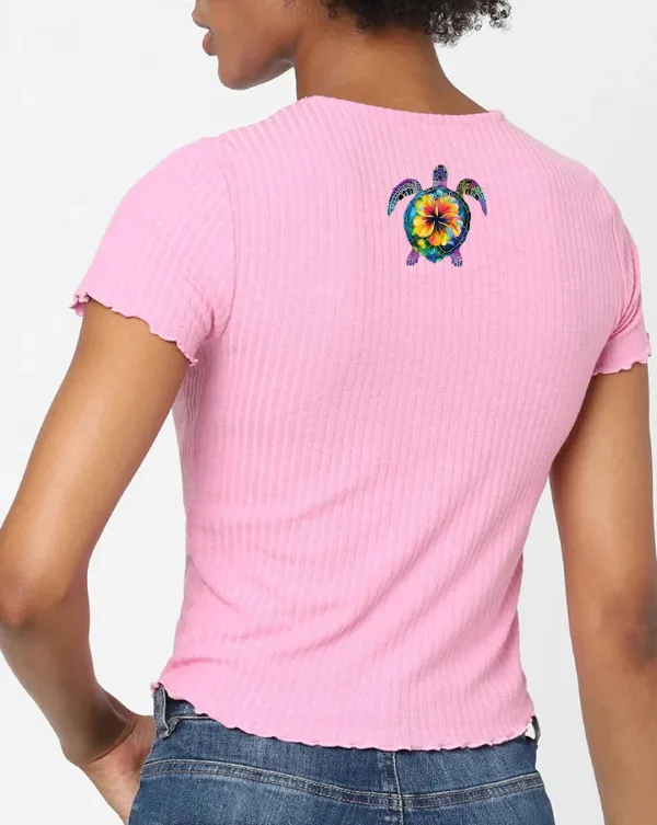 Pink Ribbed Turtle Print Cropped T-Shirt